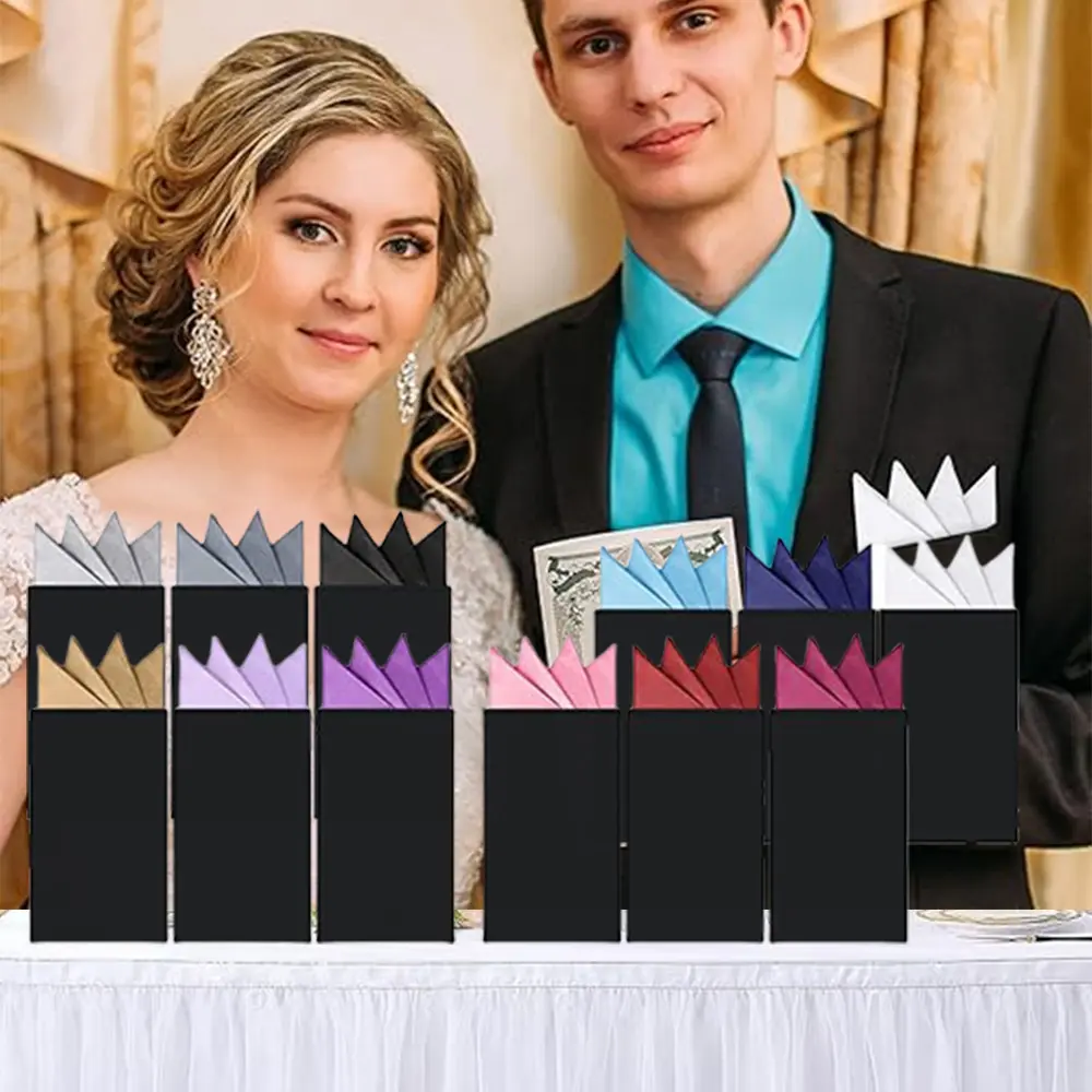 12 Pieces Men's Pocket Squares, Pre-Folded Solid Satin Polyester Handkerchiefs with Paper Cards for Formal Wear and Party Suits - Includes Silver & Champagne, 2.8 Inches Width, Synthetic Satin, Solid Colors