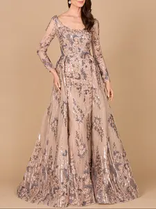 Long Sleeve Scoop Neck Lace Gown with Overskirt