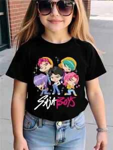 Girls' Short Sleeve Round Neck T-Shirt, Graphic Tee, K-Pop Cartoon Pattern, Soft Stretch Polyester Knit, Summer Vacation Outdoor Wear, Ages 5-14, Cartoon Print Tee, Graphic Printed Tee