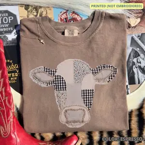 Comfort Colors Patchwork (PRINT NOT Embroidered) Cow T-Shirt , Quilted Farm Animal Head Tee, Gingham Floral Rustic Cow Lover Shirt, Cottagecore Farmhouse Gift, Printed Shirt
