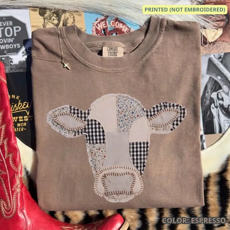 Comfort Colors Patchwork (PRINT NOT Embroidered) Cow T-Shirt , Quilted Farm Animal Head Tee, Gingham Floral Rustic Cow Lover Shirt, Cottagecore Farmhouse Gift, Printed Shirt