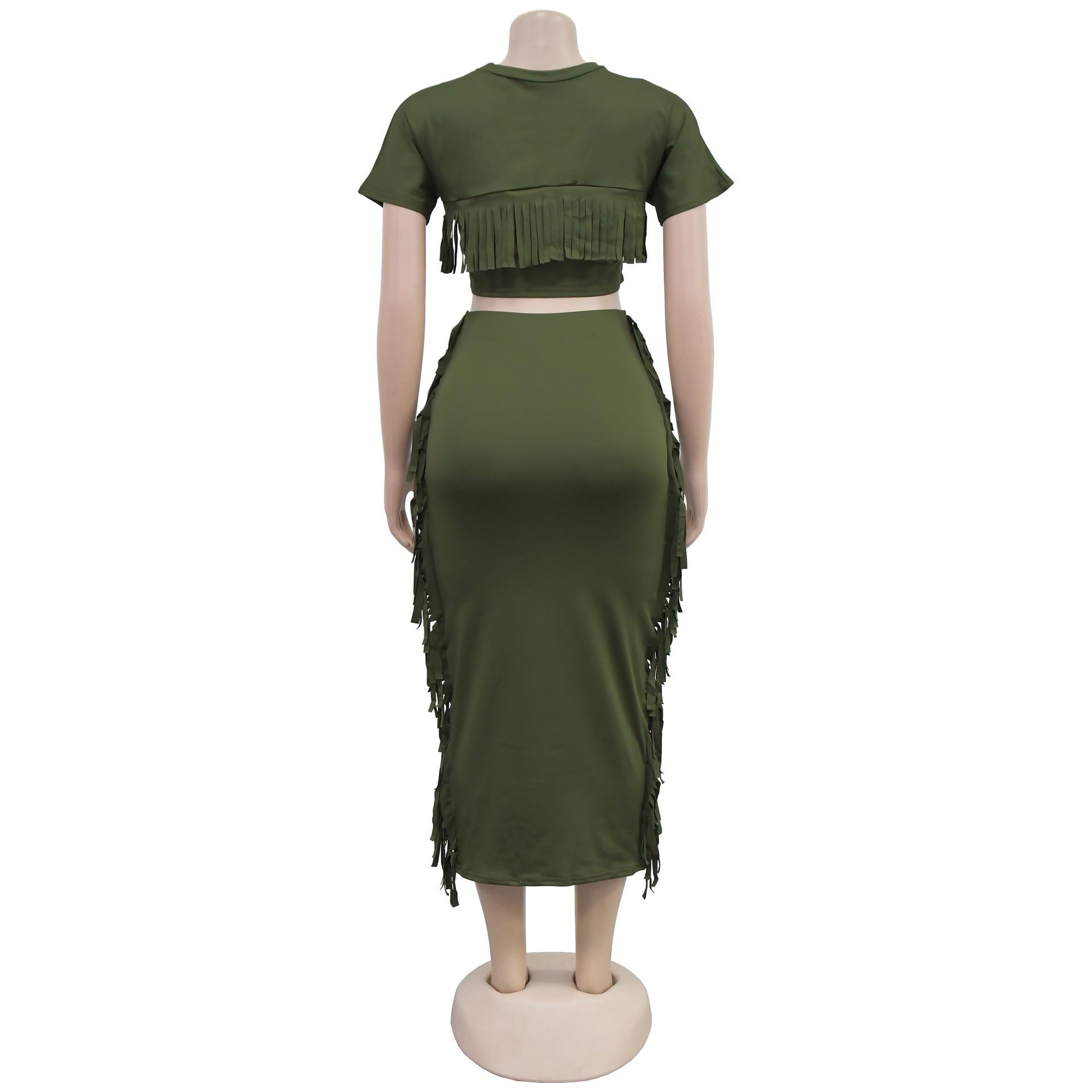 FashionableStyle Solid Color Fringe Round Neck Short Sleeve Long Dress Two-Piece Set