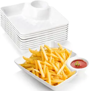 10Pcs Plastic Chips & Dip Plates, White Divided Serving Trays for Snacks, Sushi, Tacos, Charcuterie, Reusable