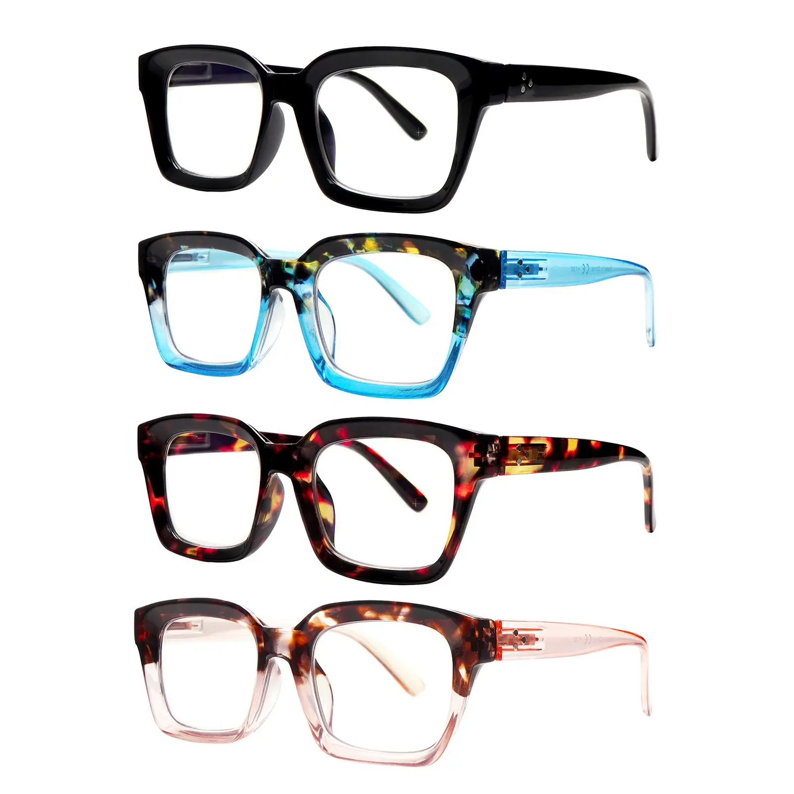 Women's 4-Pack Progressive Multifocal Blue Light Blocking Reading Glasses - Stylish Oversized Frame, Spring Hinges, 3-Level Vision Adjustment, Lightweight High-Quality Eyewear for Walking, Shopping - UV Protection, Accessories for Women, Gift