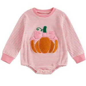Newborn Baby Boy Girl Halloween Outfit Pumpkin Bow Embroidery Stripe Long Sleeve Bubble Romper Waffle Onesie Bodysuit