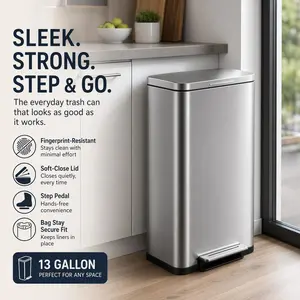 Garvee 13 Gallon Stainless Steel Trash Can 50L Rectangular Step Garbage Bin With Soft Close Lid And Fingerprint Resistant Coating For Kitchen Office