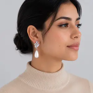 Crystal Leaf Teardrop Pearl Dangle Earrings – Bridal Wedding Jewelry