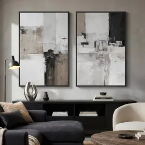 Framed Abstract Black and White Brown Wall Art for Living Room, Set of 2 Large Modern Prints Canvas Artwork for Walls, Minimalist Paintings Pictures Abstract Wall Decor for Bedroom Hallway, 24x36 Inch