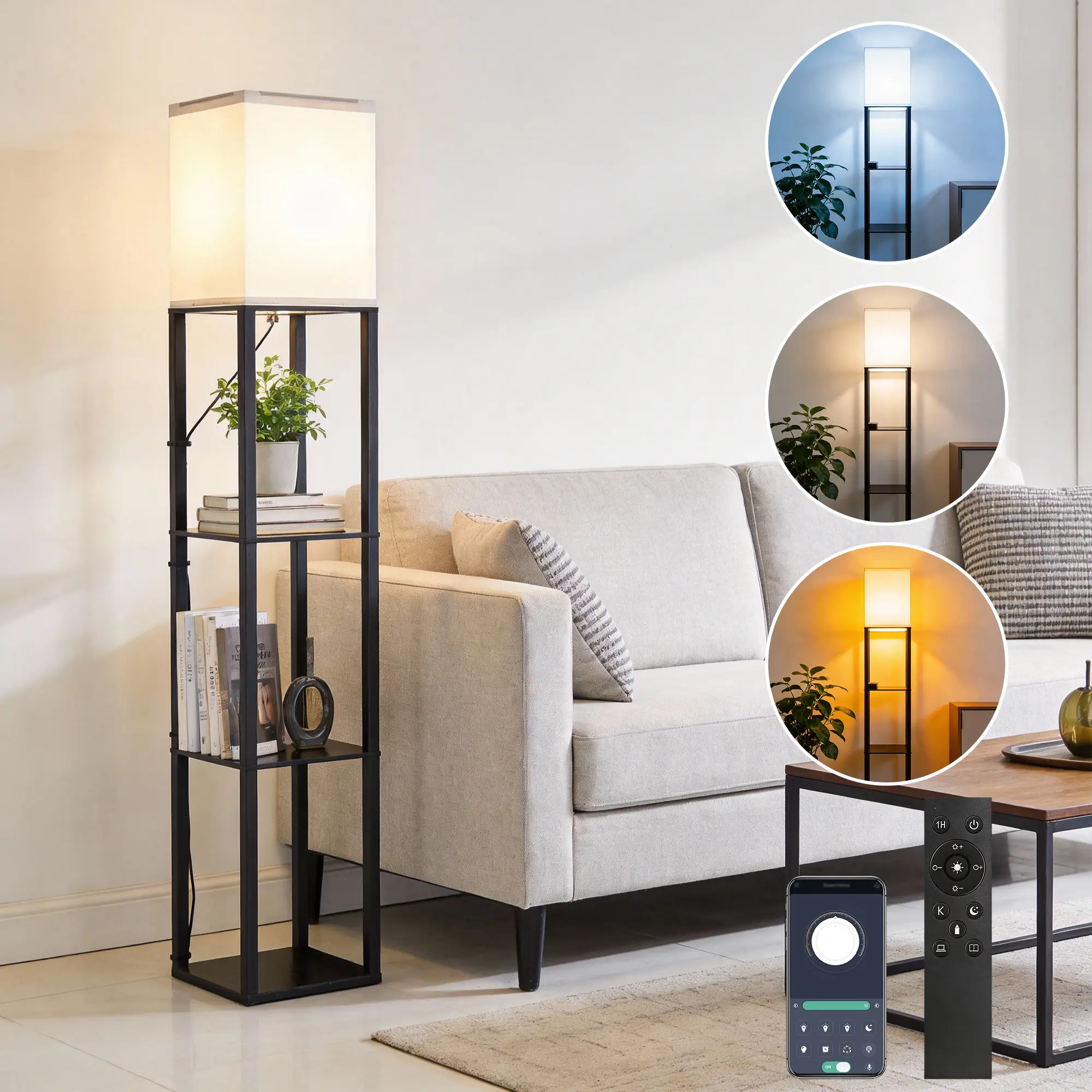 Homechoose Black Dimmable LED Floor Lamp with Shelves – Remote/App Control, Cozy Indoor Decor Lighting, Dimmable Warm White, 1USB, 1 Type-C Port, 1 AC Outlet, Color Changing Temps, Standing Corner Bookshelf Lamp for Living Room, Bedroom