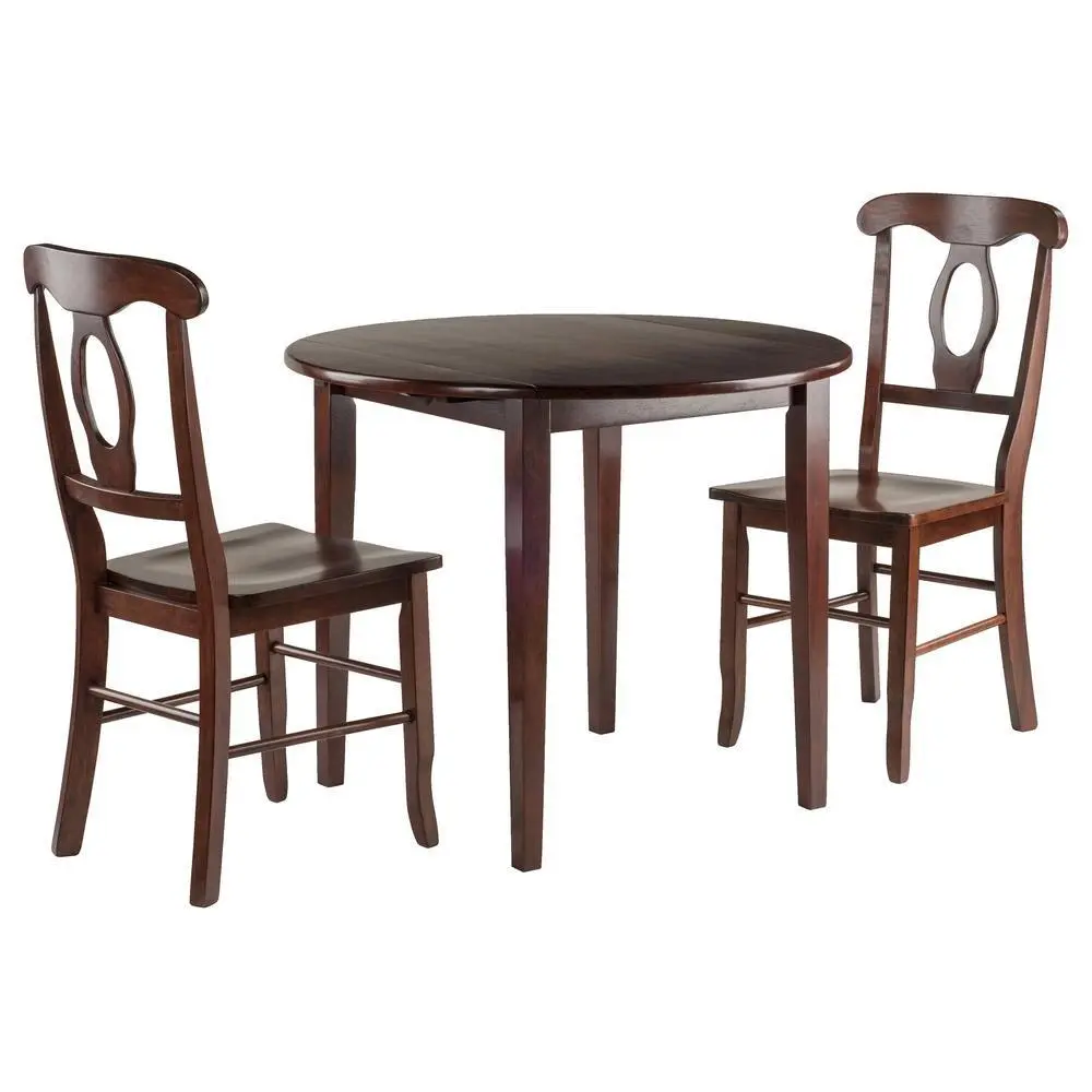 Classic Wooden Walnut Drop Leaf Table Set, Small Round 2-Seat Indoor Dining Set with Chairs