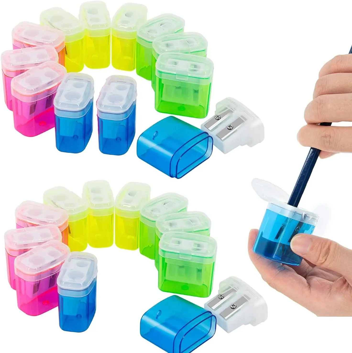 Small Manual Pencil Sharpener with Lid (24 Pack) - Dual 2-Hole Hand Sharpeners Bulk School Classroom Supplies for Kids