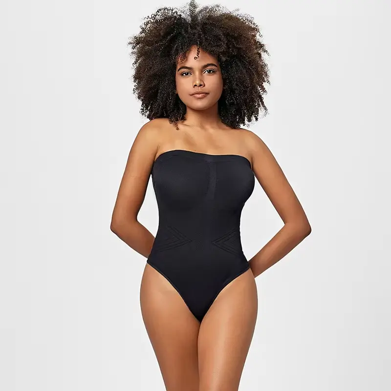 Women Strapless Bodysuit Ribbed One Piece Thong Shapewear off Shoulder Tops Leotard Removable Straps Tummy Control Body Shaper Ilfioreemio