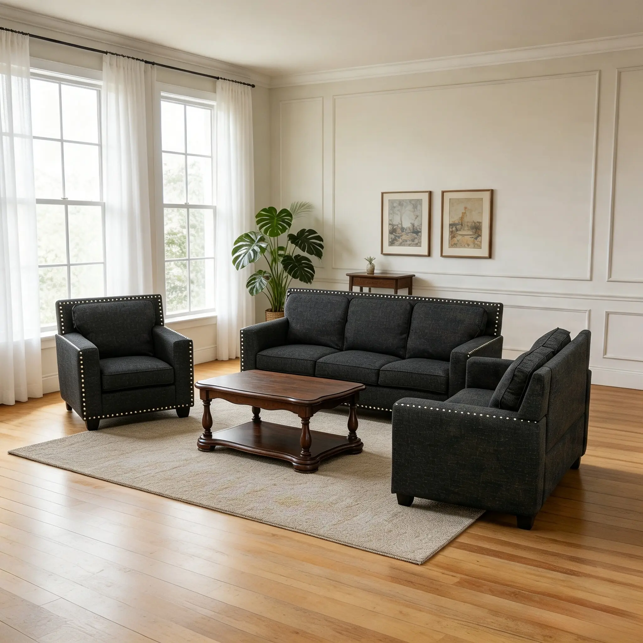 Black Linen 3-Piece Living Room Sofa Set uses breathable anti-pilling linen fabric. Plush cushions and solid frame offer comfortable seating for daily relaxation and gatherings.