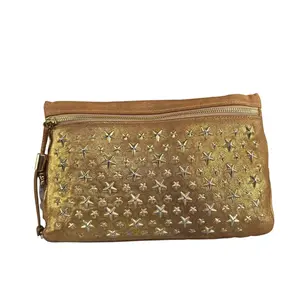 Pre-owned JIMMY CHOO Leather Clutches & Wristlets Zena Star Studded Golden Metallic Zip Clutch