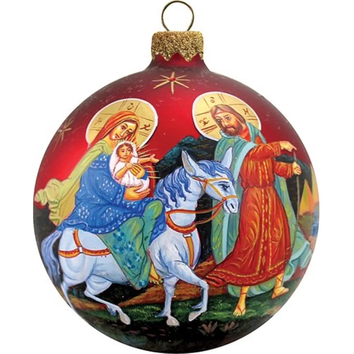 212 MAIN 3.5 in. Artistic Hand-Painted Gold Glass Ball Ornament, Nativity Miniature Scene Satin Festive Christmas Tree Decor Accessory, Holiday Gift with Box