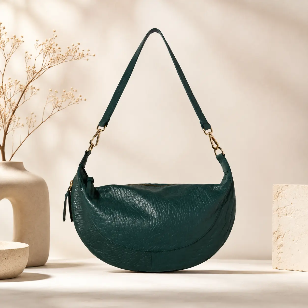 Women's Hunter Green Bubble Texture Crescent Shoulder Bag - Adjustable Strap, Inner Pockets, Stylish Luggage & Bags Accessory for Daily Wear