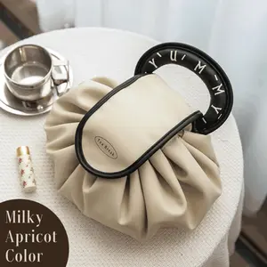 Wavymy Ladies' Lazy Drawstring Makeup Bag, Portable, Waterproof PU Travel Toiletry Bag, Handheld Storage Bag, Box or Case with a Premium Feel  1 Count  Milky apricot color