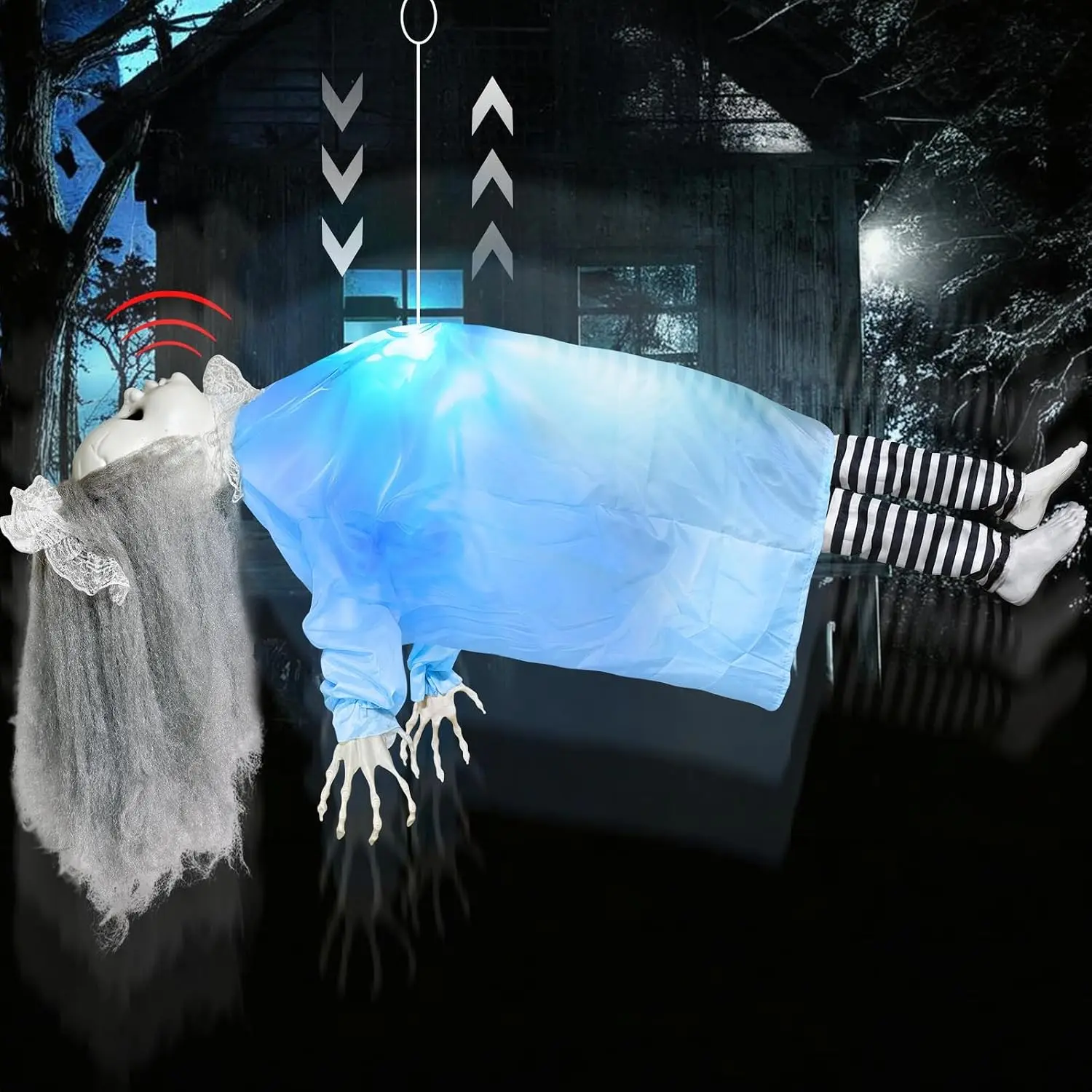 38" Halloween Animatronic Up/Down Auto-Motion Floating Corpse Decorations | Sound Activated, Blue Glowing Lights, Creepy Sounds, Scary Halloween Props for Home/Patio, Haunted House/Yard Decor