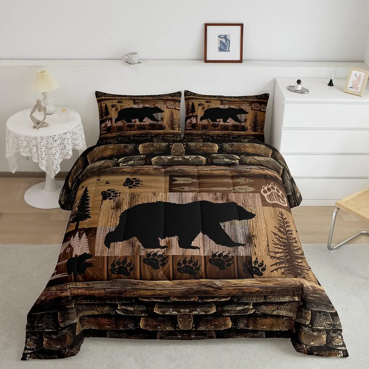 Feelyou Microfiber Bear Bedding Set - Ultra-Soft Rustic Cabin Country Comforter, Paw Wildlife Themed Room Decor Quilt Set, Microfiber Bedding Set