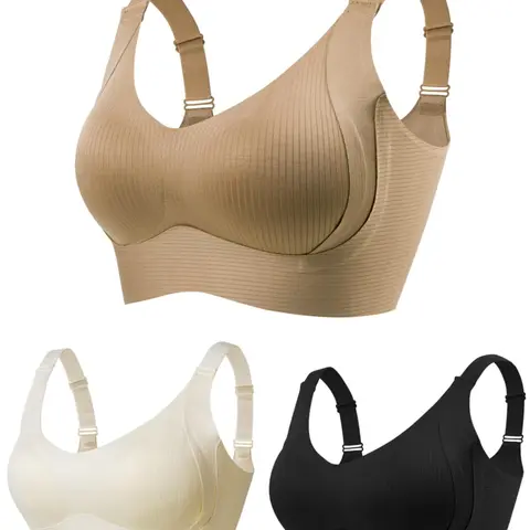 Women's Solid Four-breasted Adjustable Wireless Full Coverage Bra, Soft Comfortable Breathable Ribbed Push Up Seamless Bra, Breathable Seamless Bras, Women's Lingerie Underwear for All Seasons No Underwire Seamless