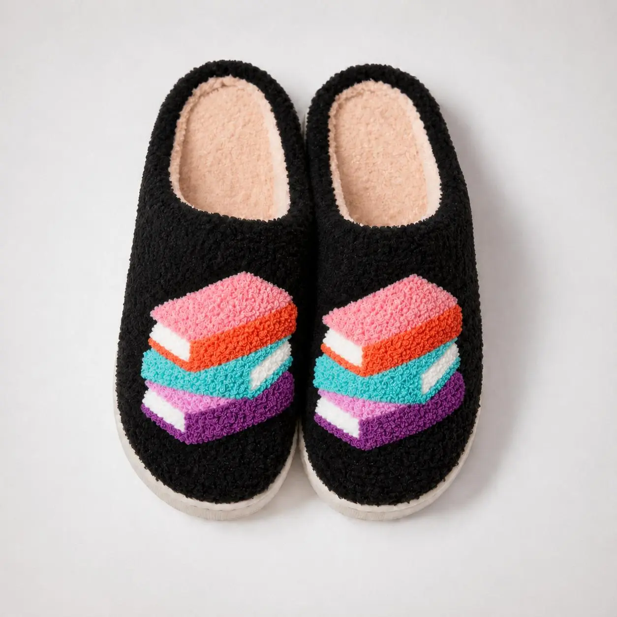 Women's Book Stack Slide Slippers - Soft Faux Fur, Cotton Lining, Rubber Non-Slip Sole, Round Toe, Embroidered Preppy Design, All Season Indoor-Outdoor Warm Comfy Footwear, Ideal Gift for Teen Girls