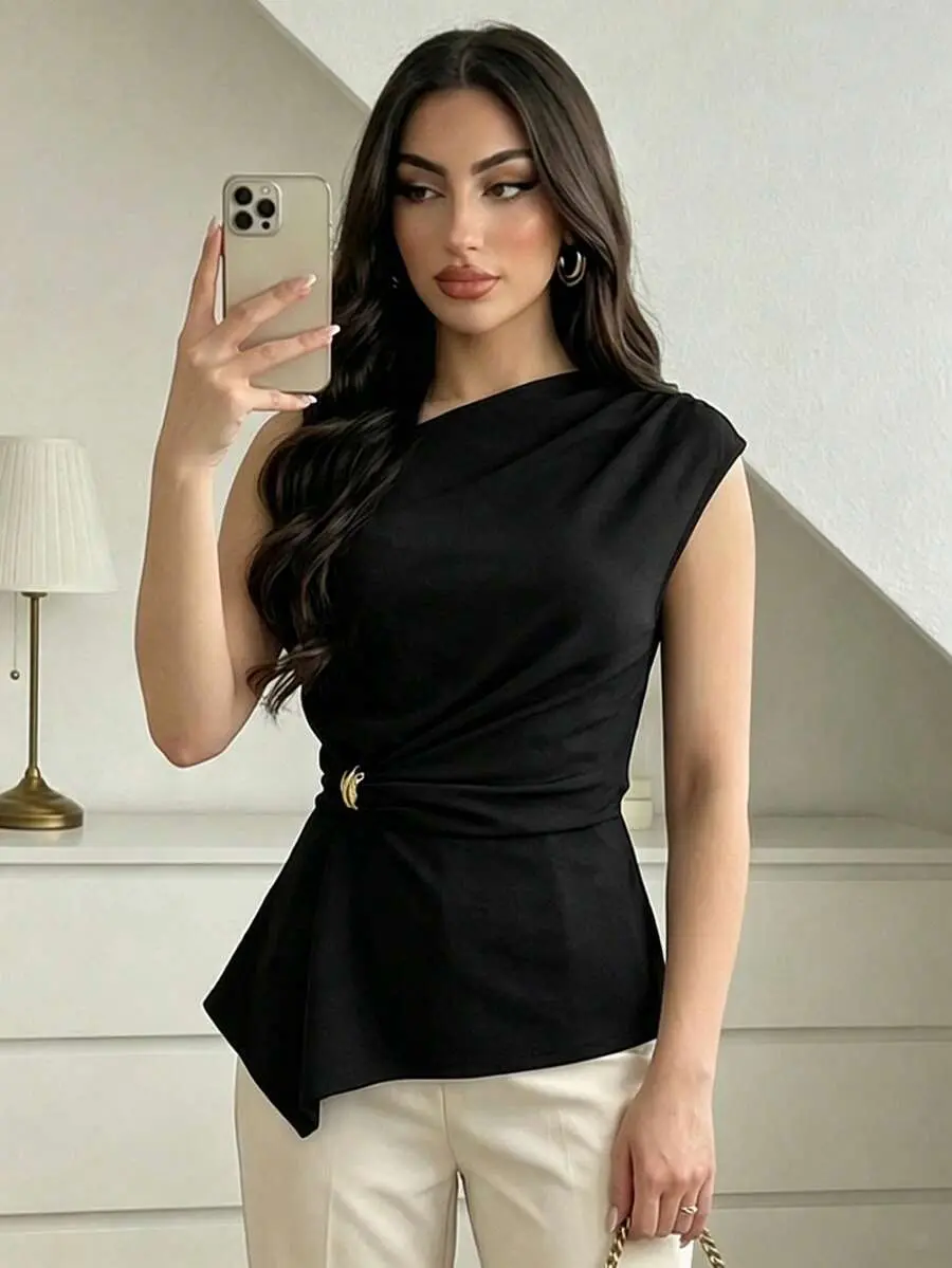 Elezga Fashionable Elegant Asymmetrical Neck Textured Waist-Cinching Blouse For Women, Spring/Summer