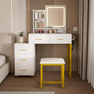 Make Up Vanity Desk with Mirror and Lights, Makeup Vanity Table Set w/Power Outlet & Hair Dryer Stand, Dressing Table with Mirror, Drawers, 3 LED Lighting Modes,dream vanity,White Makeup Vanity Desk with Lights