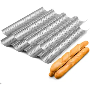 2 Pack Nonstick Perforated Baguette Pan 15" x 13" for  Bread Baking 4 Wave Loaves Loaf Bake Mold Oven Toaster Pan ()