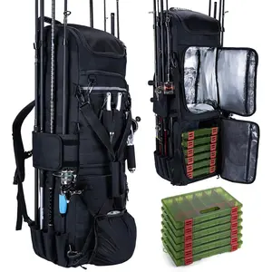 Fishing Tackle Backpack with 6 Tackle Boxes Included, 116L Rod Bag with Cooler, Water-Resistant Rucksack with 8 Rod Holders for Hiking Fishing