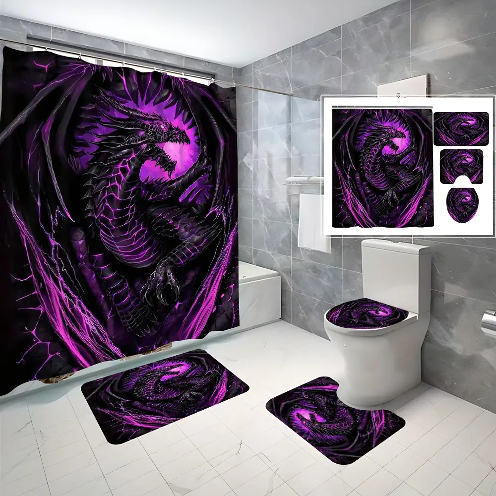 4 Pcs Purple Dragon Bathroom Curtain Sets with 12 Hooks,Gothic Fantasy Dragon Large Waterproof Thickened Mildew Proof Bathroom Partition Curtain,Bathroom Shower Curtain,Toilet Lid Cover,Non-Slip Bathroom Rugs and U Shape Bath Mat,Modern Decor