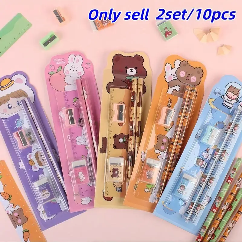 School Stationery Set of 10 Pieces, Includes Pencils, Erasers, Rulers, and Sharpeners, Perfect for School, Office, Awards, Back-To-School Gifts, Learning Materials, Classroom Reward Supplies, Study Kit