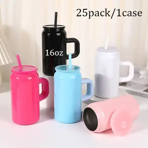 25pcs USA Warehouse Wholesale Thermal Cup with Lid, Straw and Handle, 16oz Sublimable Stainless Steel Cup, Drink Cans, Iced Coffee Cup, Smoothie Cup, Unbreakable Vacuum Insulated Stainless Steel Rainbow Cup, Festive Gifts.