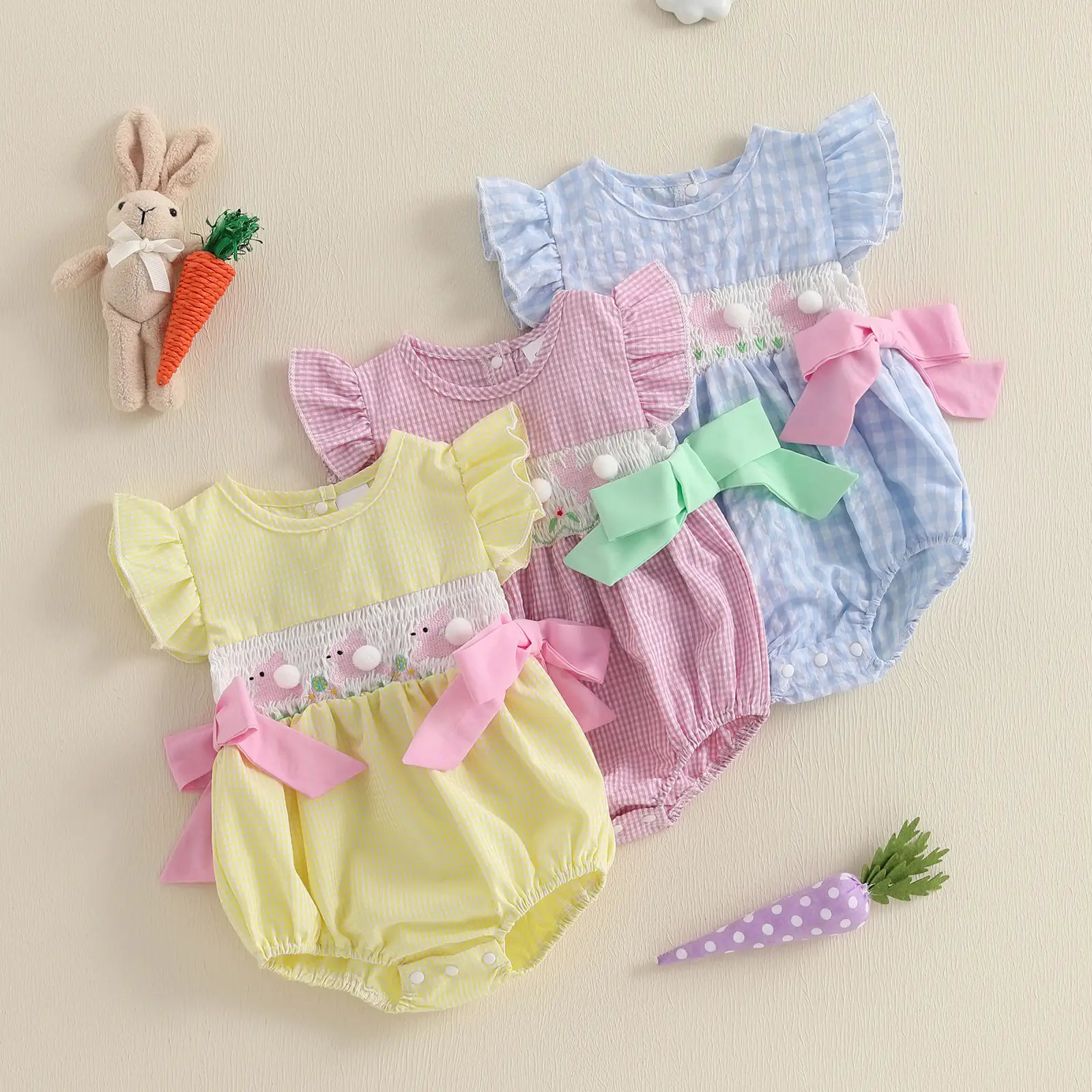 Babamoon Infant Baby Girls Rompers Easter Clothes Rabbit Embroidery Plaid Fly Sleeve Summer Smocked Bodysuits Jumpsuits 0-24 Months
