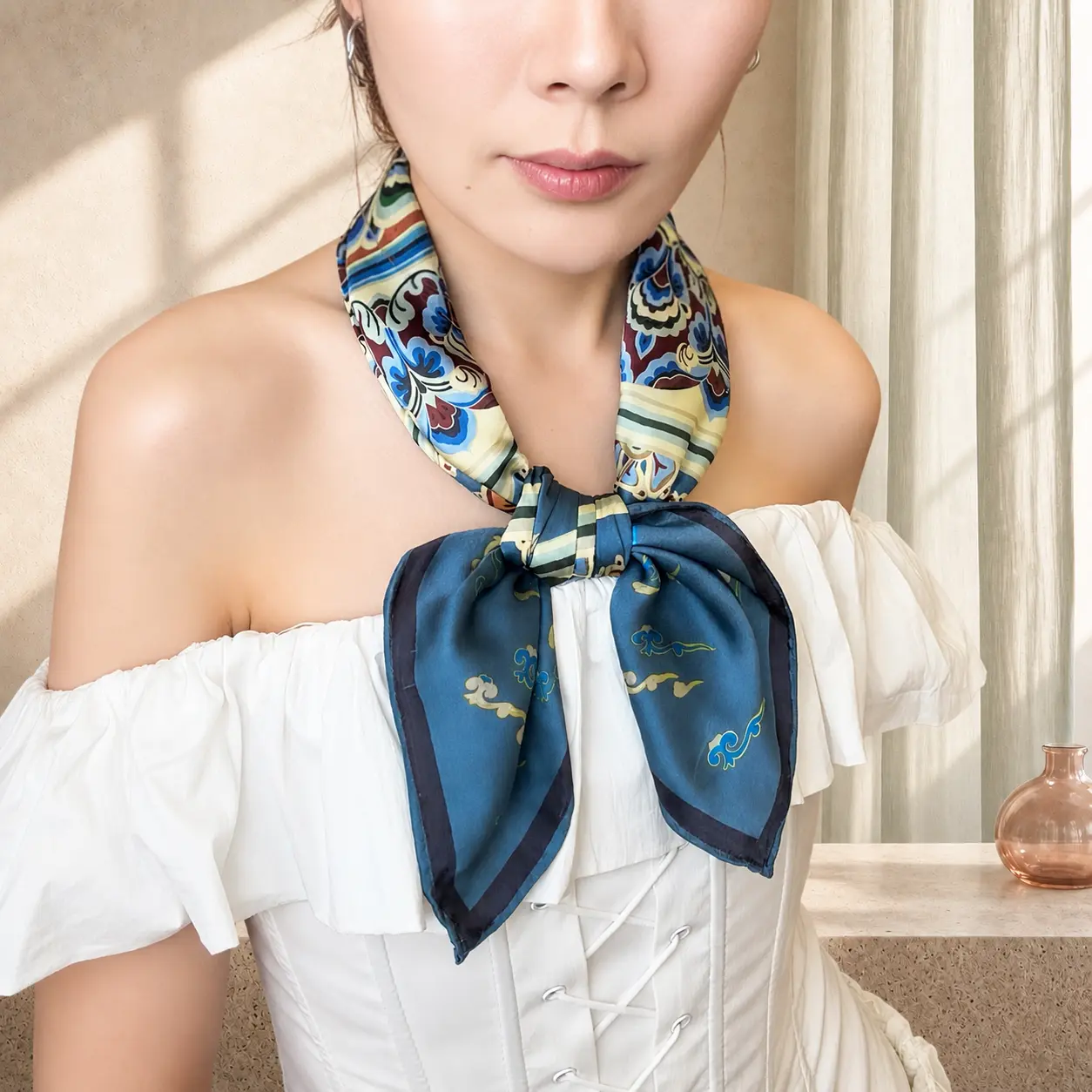 Women's Silk Square Scarf 27.5 in 70 x 70 cm Indigo Dunhuang 9-Colored Deer Print Soft Lightweight All-Season Casual Fashion Accessory for Neck Waist campingessentials