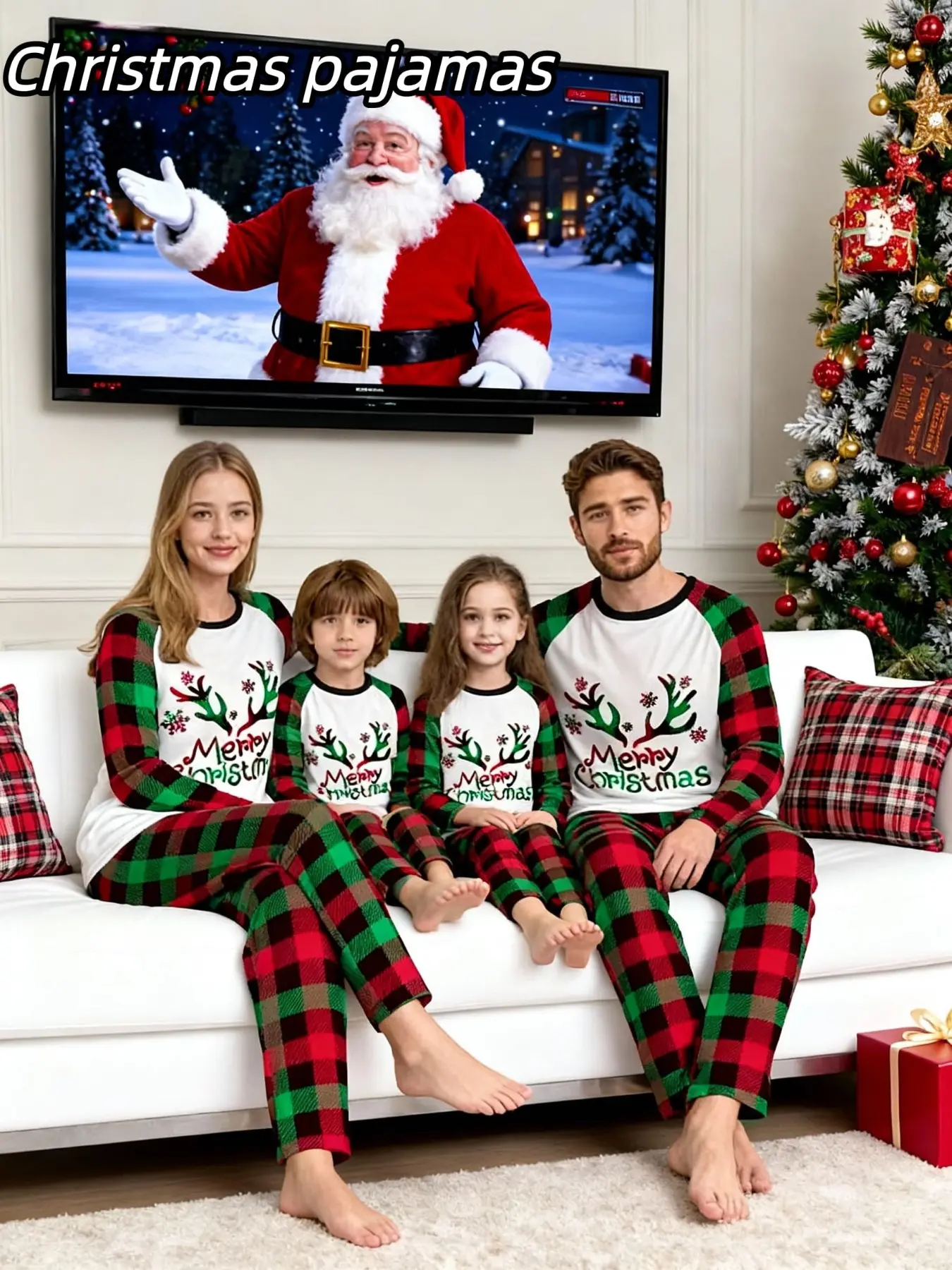Christmas Family Pajama Set, Stripes Plaid Pants, Cartoon Reindeer Print Top, Men Women Kids, All Seasons Sleepwear
