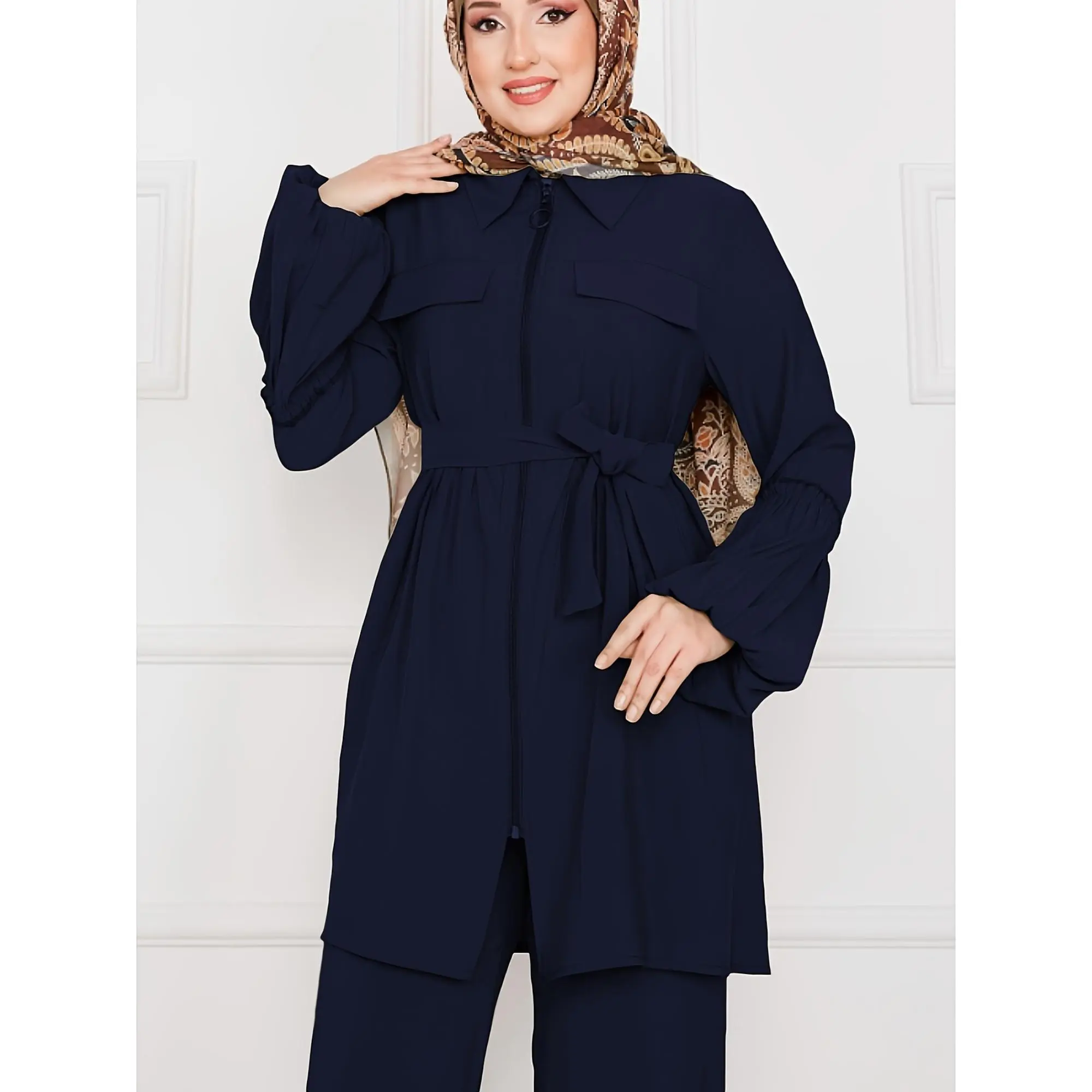 Classic Solid Color Drawstring Waist Chest Pocket Traditional Two-Piece Set, Middle Eastern Arab Women'S Solid Color Drawstring Waist Two-Piece Set