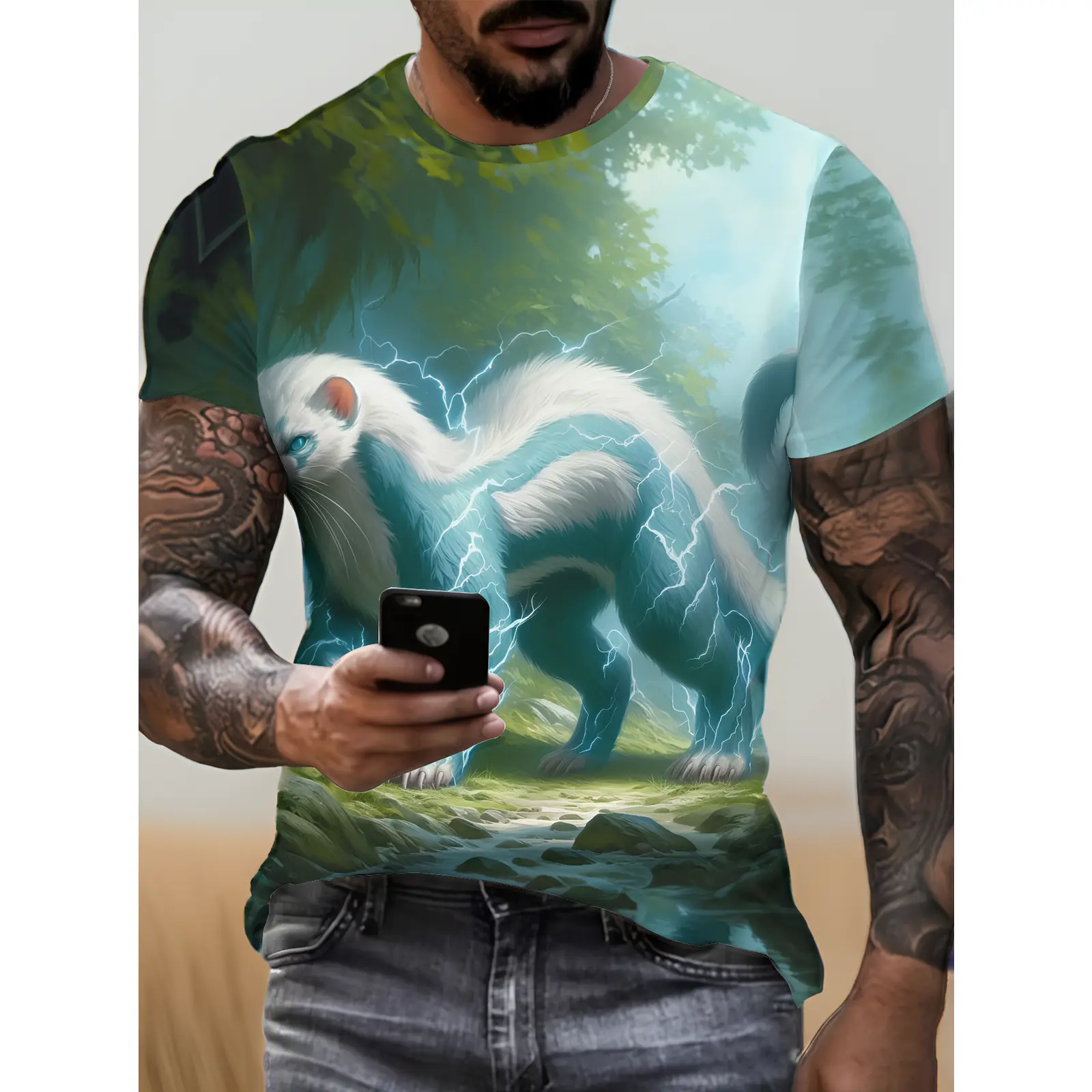 Men's Athletic T-Shirt, Casual Short Sleeve Polyester Top with 3D Electric Ferret All-Over Graphic Print, Activewear, Menswear, Sports Clothes, Shortsleeve, Stretch, Fabric, Round Neck, Regular Fit