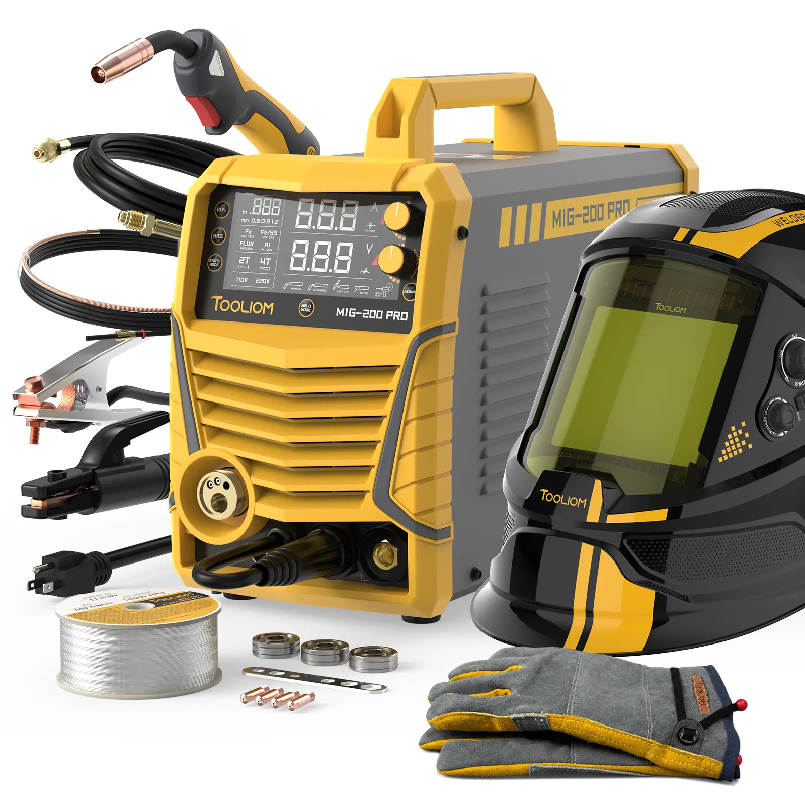TOOLIOM MIG-200 PRO Aluminum MIG Welder Protection Bundle - 200A 5-in-1 Gas MIG/Flux Core/Spool Gun/Lift TIG/Stick Welding Machine with Auto-Darkened Helmet, Gloves & E71T-GS Wire