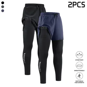Men’s two-piece set featuring solid-color, stretchy, breathable compression pants with a drawstring. 2026 new model—fashionable professional fitness pants with sweat-wicking, quick-drying performance. Suitable for gyms, sports and training, outdoor activi