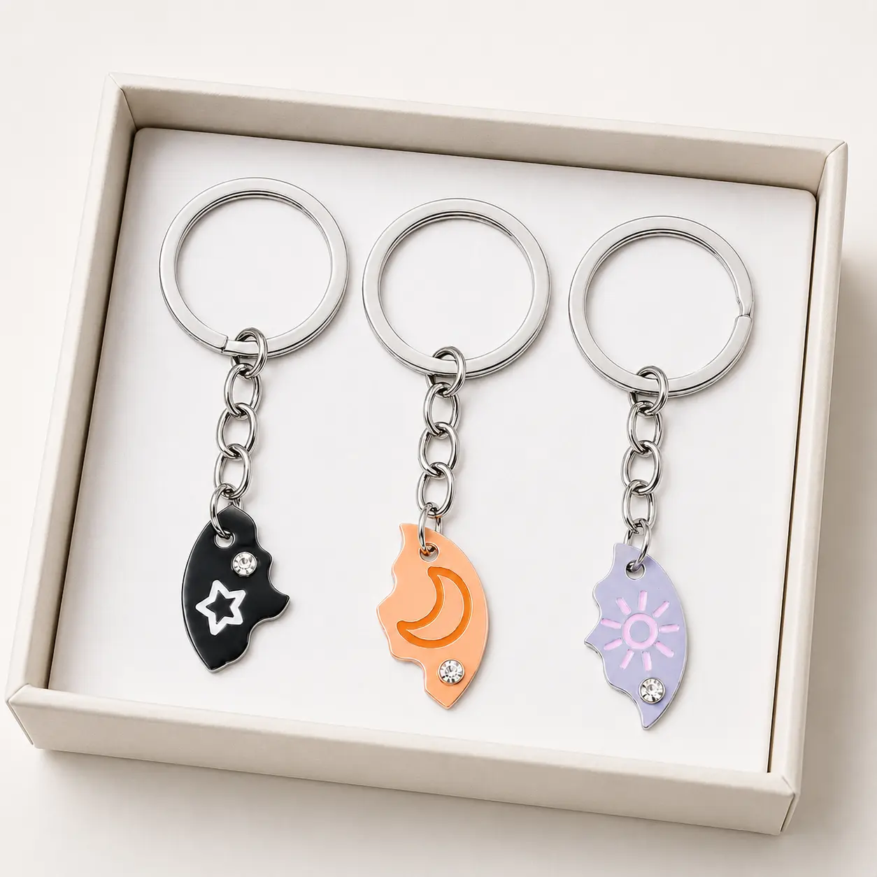 3-Piece Casual Commemorative Cute Rhinestone Round Star-Moon-Sun Pendant Keychain Set, Metal Coating Alloy Keychains for BFF Best Friends, Unbreakable Friendship Fashion Costume Jewelry Accessory Exquisite Bestie Gift emotional