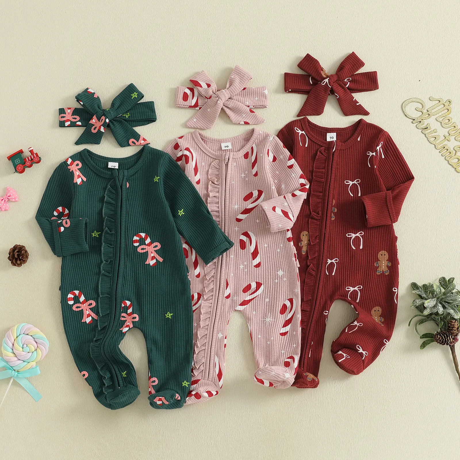 Babamoon Baby Girls Clothing, My First Christmas Waffle Knit Long Sleeve Gingerbread Bow Print Ruffle Trim Footed Jumpsuit with Headband, Fun Themed Bodysuits