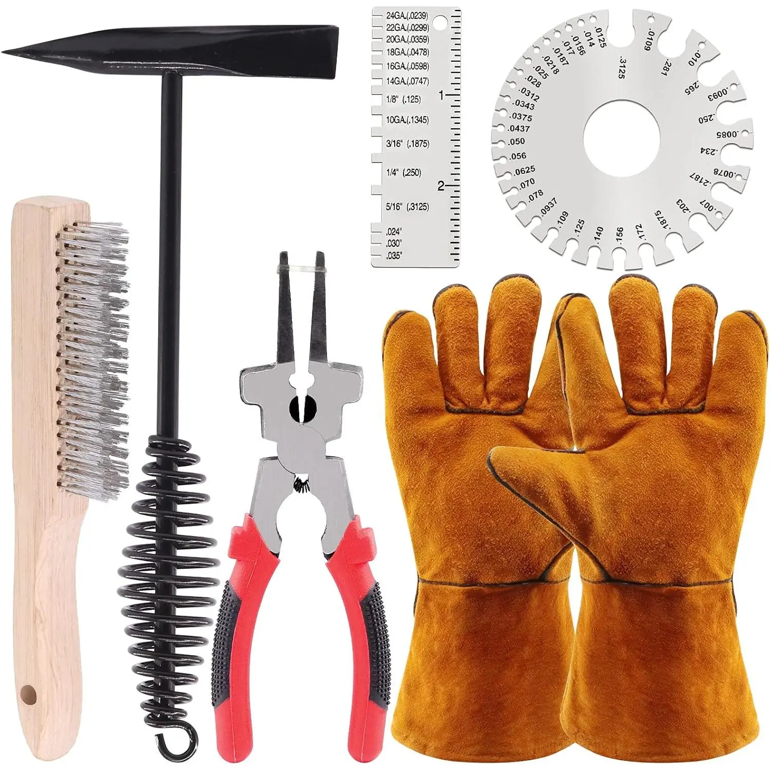 7-Pieces Welding Slag Removal Tool Set - 10in Coil Spring Handle Chipping Hammer (Vibration Reduction), 10in Welding Plier, Wire Brush, 2 Stainless Steel 0-36 American Standard Thickness Gauges for Camping, Slag Cleaning, Rust Removal