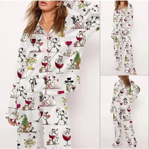 Funny Snowman Wine Pajamas Set, Holiday Drink and Character Printed Long Sleeve Satin Top, Long Pants for Women, 2 Piece Luxury Sleepwear Home Wear (WHITE)