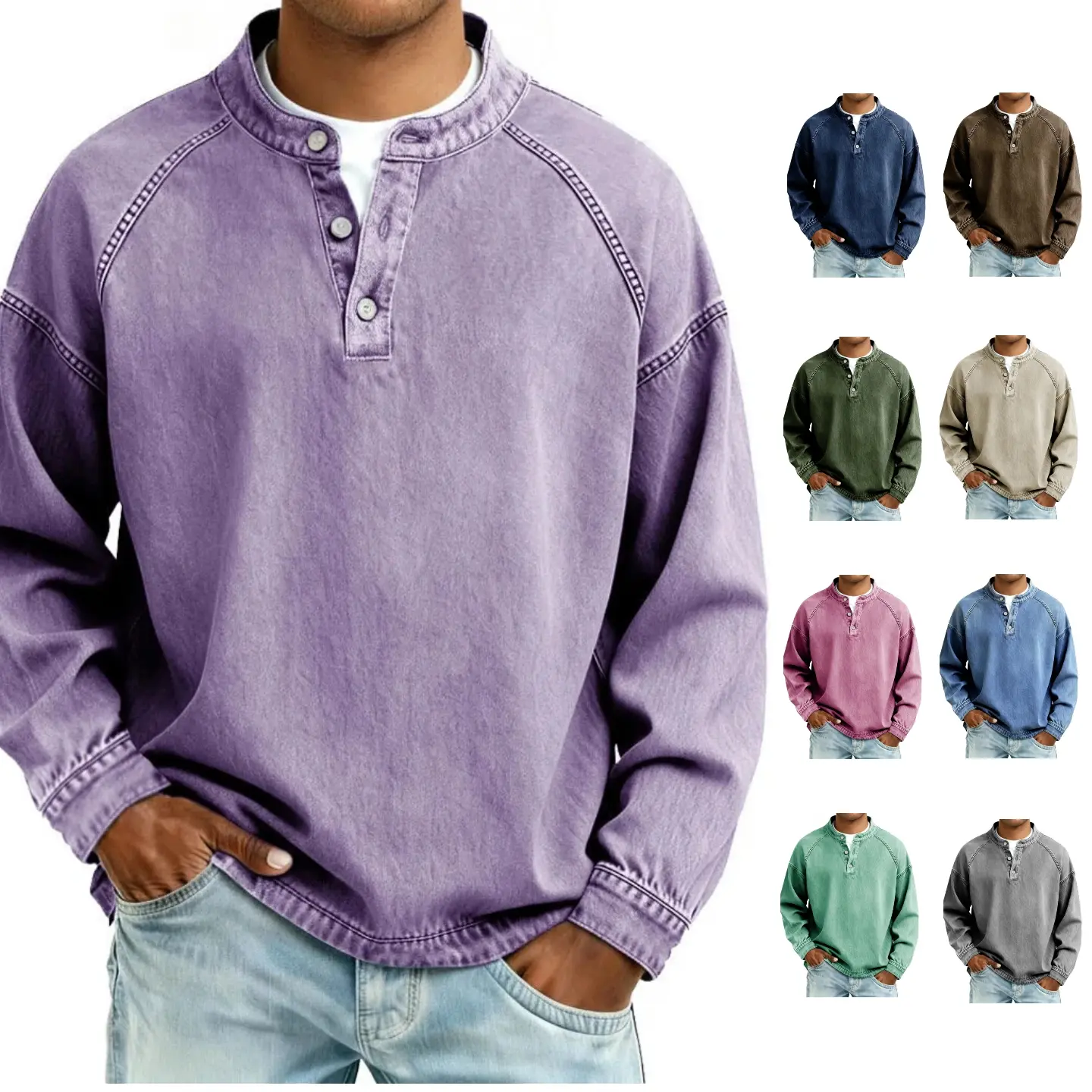 Men's Vintage Washed Long Sleeve Shirt, Solid Color Button Henley Pullover, Loose Fit Casual Streetwear Top for Daily Wear Stylish