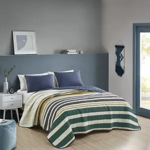 Modern Versatile Comfortable Soft  Quilt Set -Multi - colored horizontal stripe pattern .Reversible 3-Piece Polyester Bedspread Set – Cooling Fiber– Queen/King Sizes. Soft Breathable Bedding for Hot Sleepers, Summer Comforter , Wrinkle & Fade Resistant