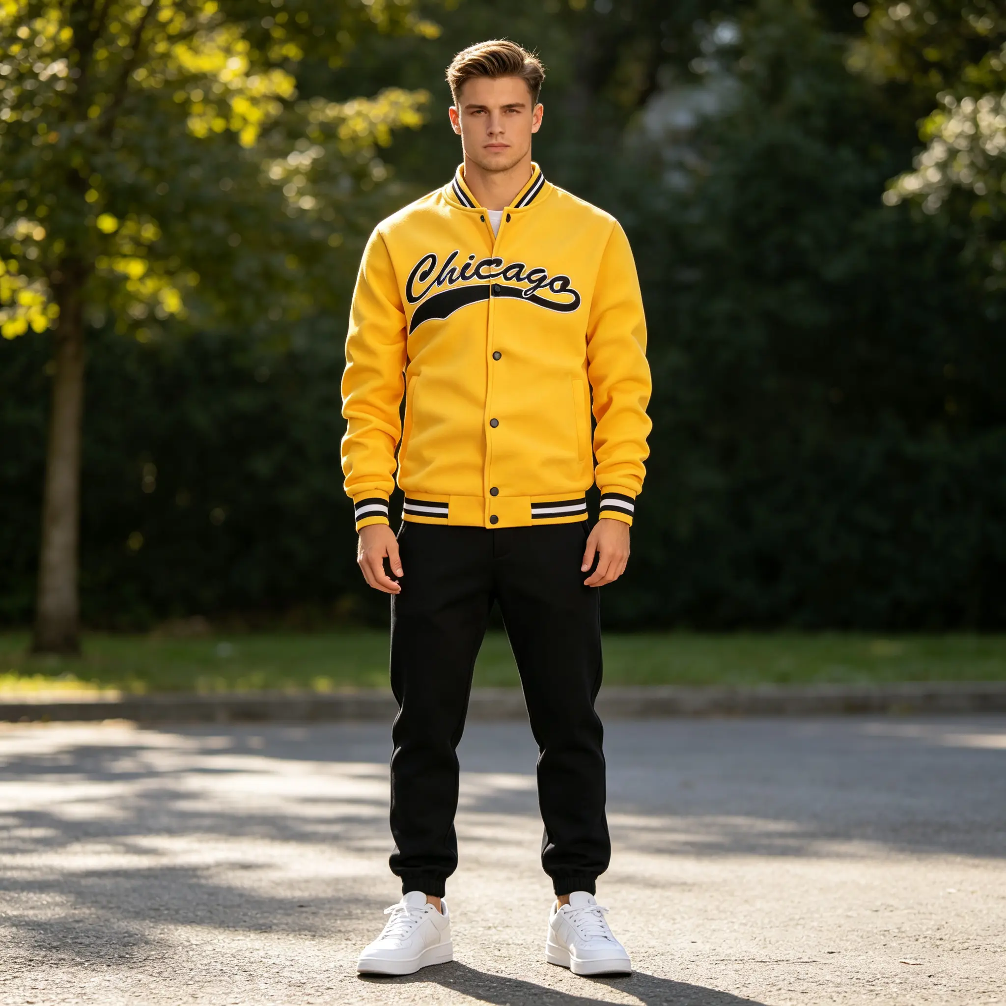 Men's Chicago Embroidered Varsity Jacket - Classic Button-Up Baseball Bomber Coat, Long-Sleeve Casual Streetwear Outerwear for Daily Wear Menswear Tops