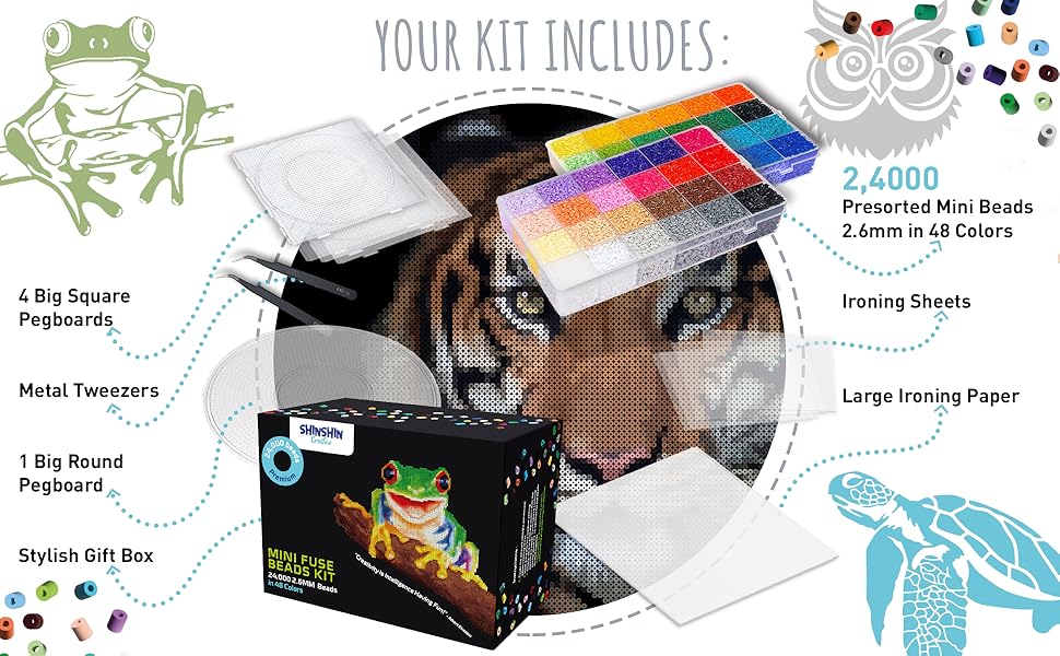 shinshin creation 24,000 Mini Fuse Beads Kit for Adults - 48 Colors Tiny 2.6mm Beads, 5 Pegboards, 2 Tweezers - Compatible with Hama, Melty, Iron Beads - Pixel Art Craft Kit