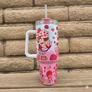 Cute Strawberry Girl Tumbler 40oz With Handle, Pink Kawaii Cartoon Stainless Steel Travel Mug, Aesthetic Drink Cup Gift for Girls