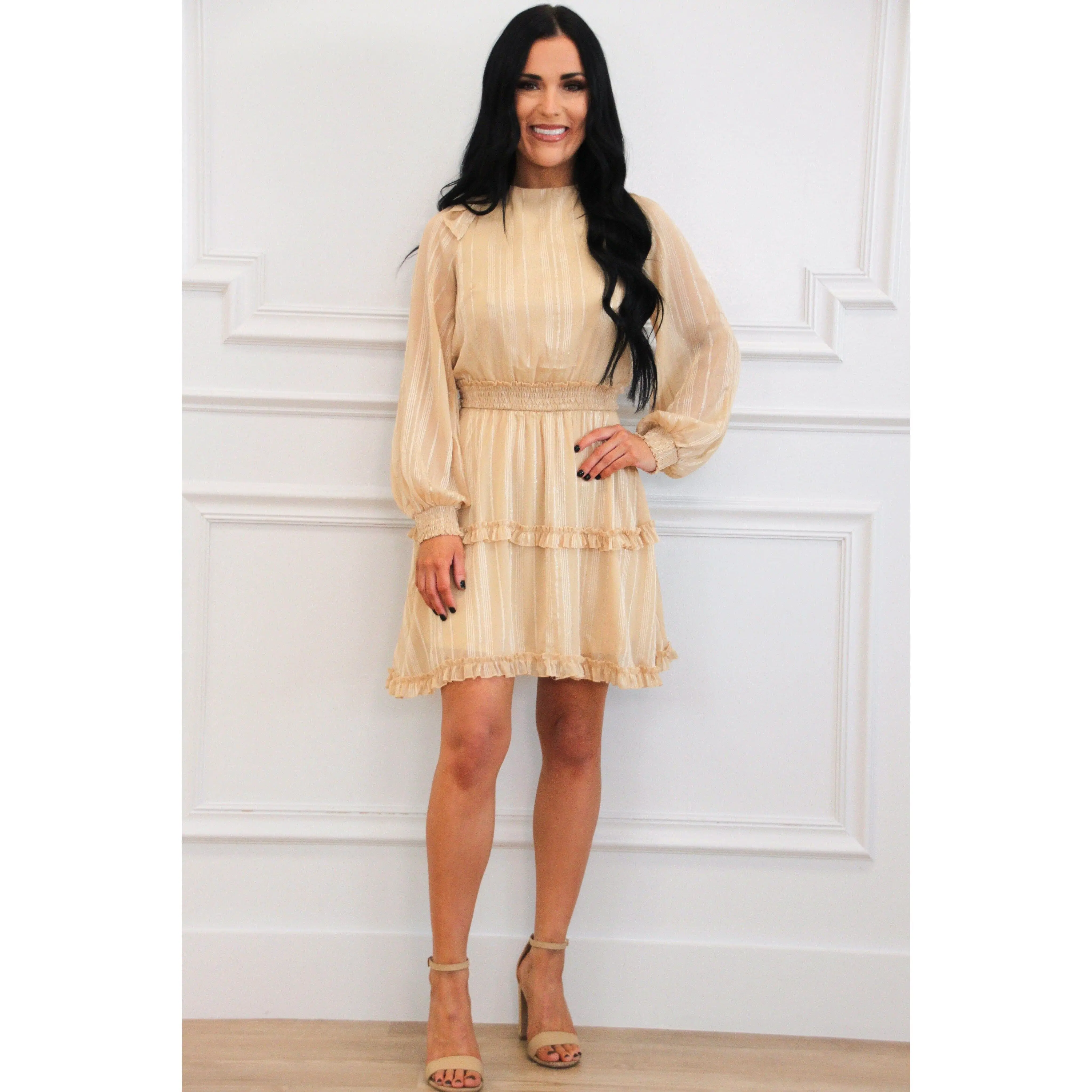 Subtle Stripes Long Sleeve Dress: Cream