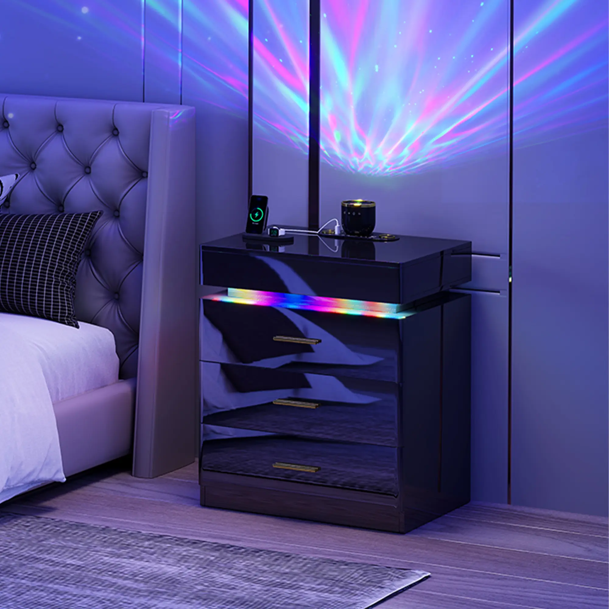Vlsrka 3-Drawer Futuristic Bedroom Furniture Nightstand with Hidden Gun Safe, Star Projector Light, Bluetooth Speaker, USB & Type-C Charging Station, RGB LED, App & Remote Control, Bedroom Side Table